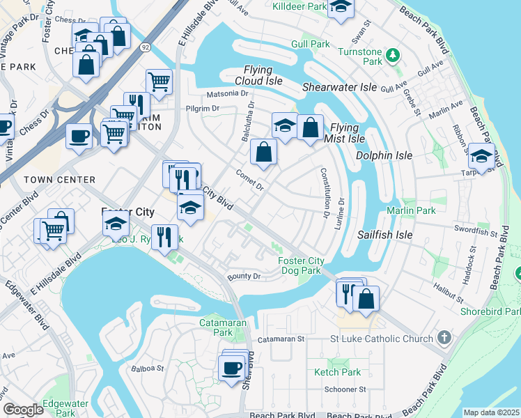 map of restaurants, bars, coffee shops, grocery stores, and more near 779 Foster City Boulevard in Foster City