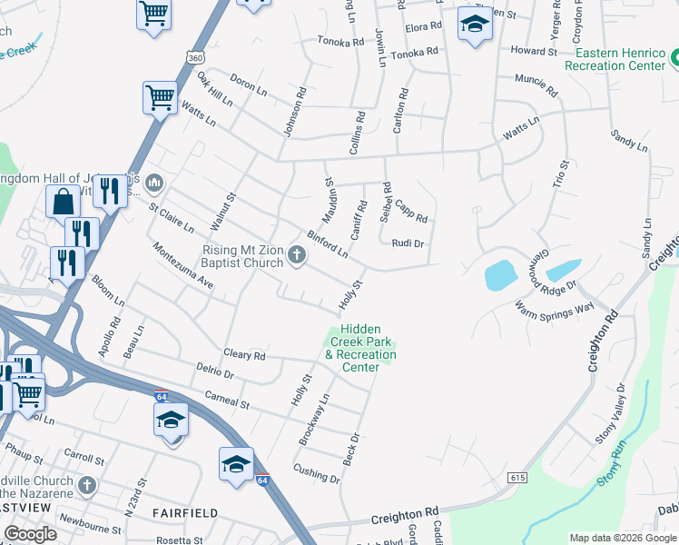 map of restaurants, bars, coffee shops, grocery stores, and more near 2168 Elkridge Lane in Richmond