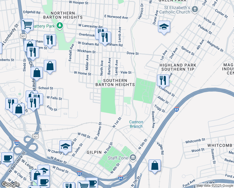 map of restaurants, bars, coffee shops, grocery stores, and more near 200 Wellford Street in Richmond