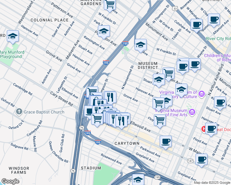 map of restaurants, bars, coffee shops, grocery stores, and more near 3515 Grove Ave in Richmond