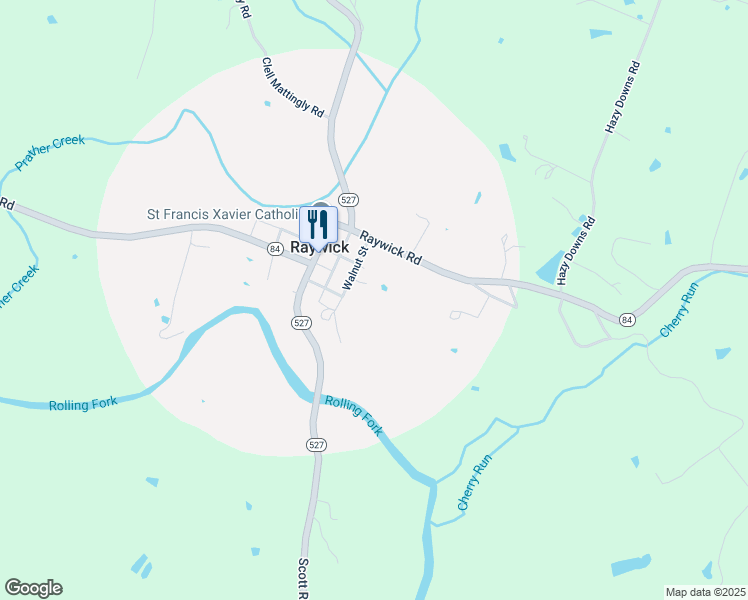 map of restaurants, bars, coffee shops, grocery stores, and more near Cross Street in Raywick