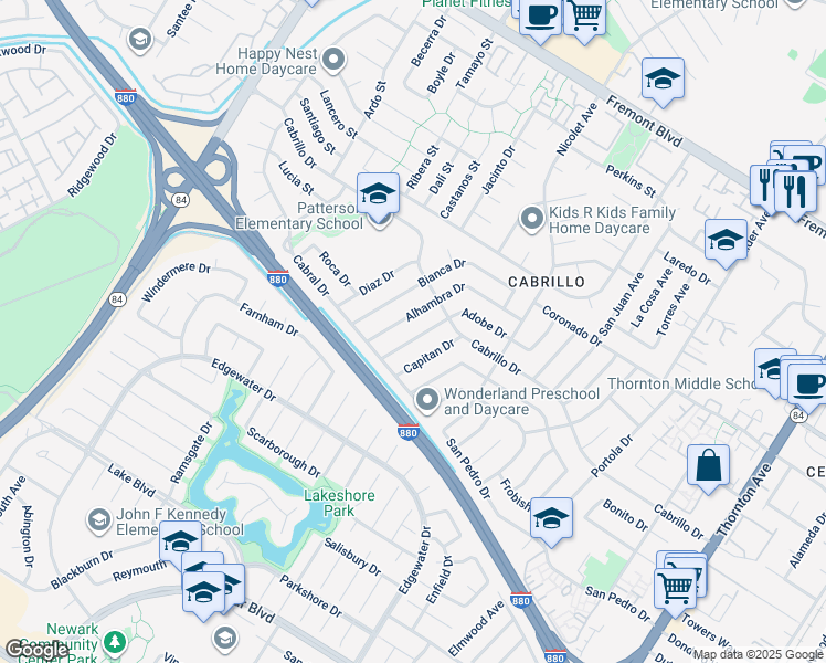 map of restaurants, bars, coffee shops, grocery stores, and more near 35856 Adobe Drive in Fremont