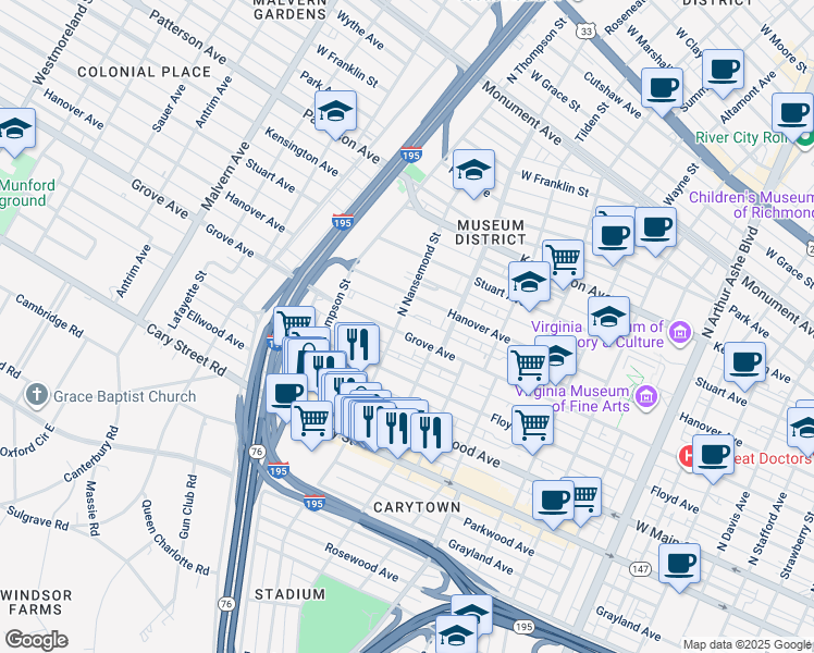 map of restaurants, bars, coffee shops, grocery stores, and more near 3452 Grove Avenue in Richmond