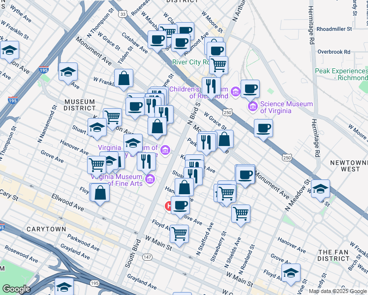 map of restaurants, bars, coffee shops, grocery stores, and more near 509 N Boulevard in Richmond