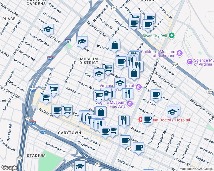 map of restaurants, bars, coffee shops, grocery stores, and more near 3125 Stuart Avenue in Richmond