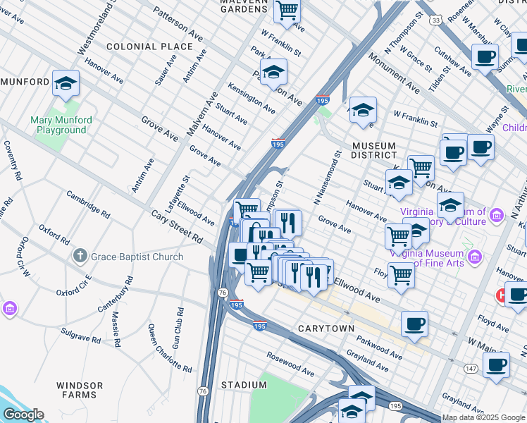 map of restaurants, bars, coffee shops, grocery stores, and more near 102 North Thompson Street in Richmond