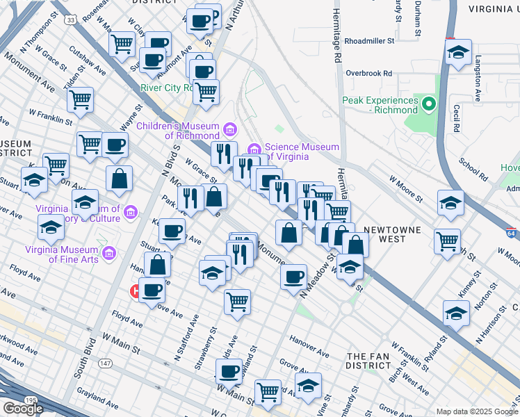 map of restaurants, bars, coffee shops, grocery stores, and more near 2320 West Grace Street in Richmond