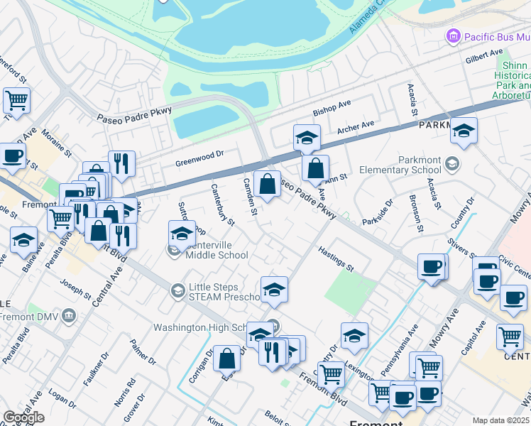 map of restaurants, bars, coffee shops, grocery stores, and more near 38000 Camden Street in Fremont