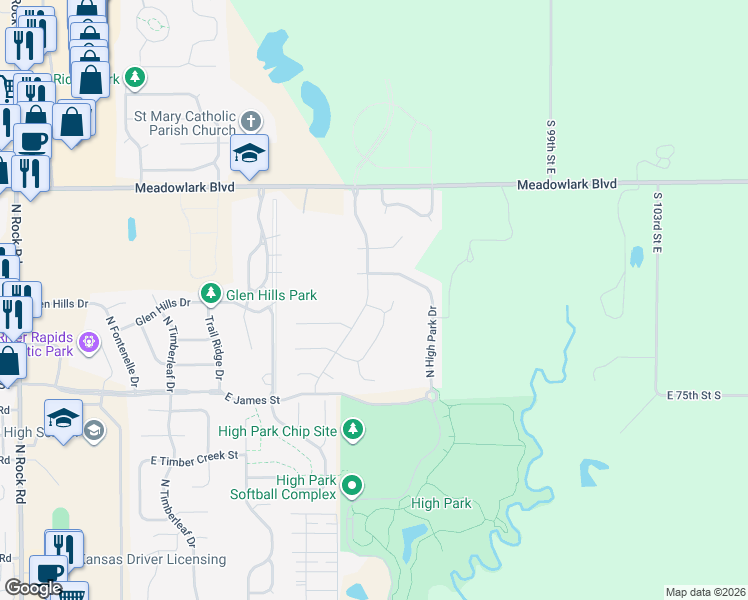 map of restaurants, bars, coffee shops, grocery stores, and more near 1300 Spring Ridge Drive in Derby