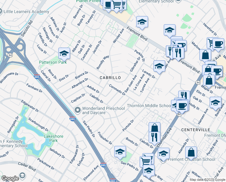 map of restaurants, bars, coffee shops, grocery stores, and more near 36183 Adobe Drive in Fremont