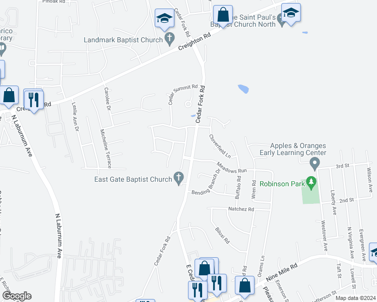 map of restaurants, bars, coffee shops, grocery stores, and more near 5204 Cedar Haven Road in Richmond