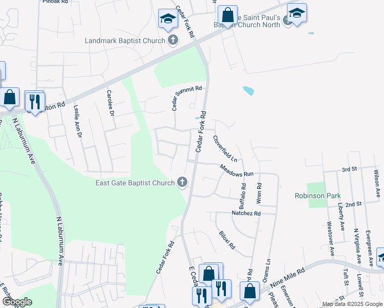 map of restaurants, bars, coffee shops, grocery stores, and more near 5204 Cedar Haven Road in Richmond