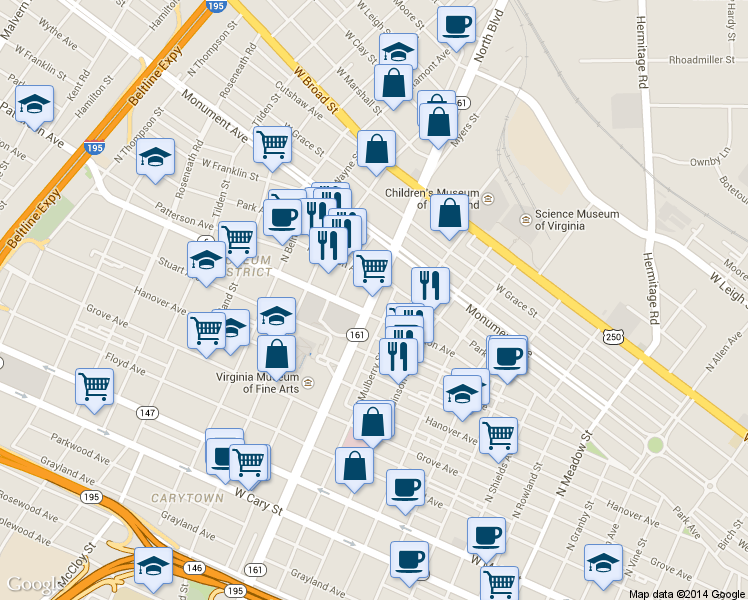 map of restaurants, bars, coffee shops, grocery stores, and more near 515 N Boulevard in Richmond