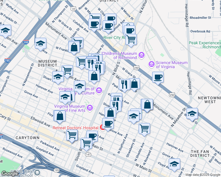 map of restaurants, bars, coffee shops, grocery stores, and more near 501 North Arthur Ashe Boulevard in Richmond