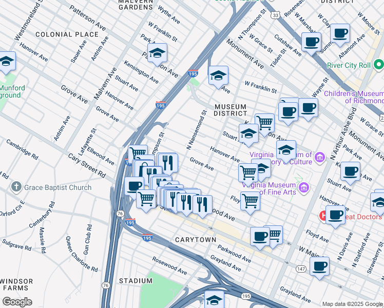 map of restaurants, bars, coffee shops, grocery stores, and more near 3452 Grove Avenue in Richmond