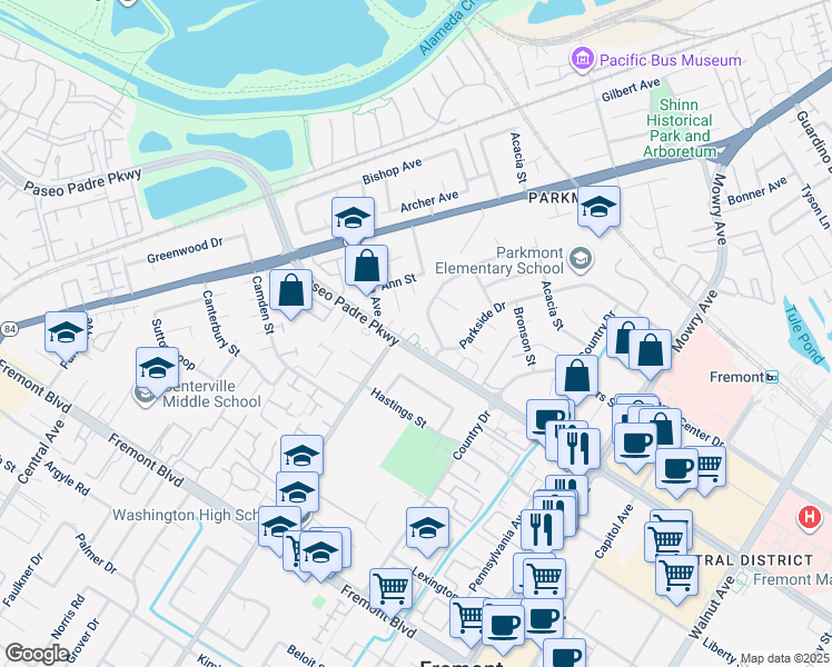 map of restaurants, bars, coffee shops, grocery stores, and more near 38228 Paseo Padre Parkway in Fremont