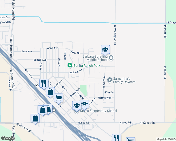 map of restaurants, bars, coffee shops, grocery stores, and more near 5405 Cora Way in Keyes
