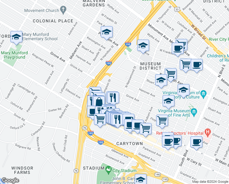 map of restaurants, bars, coffee shops, grocery stores, and more near 3527 Grove Avenue in Richmond