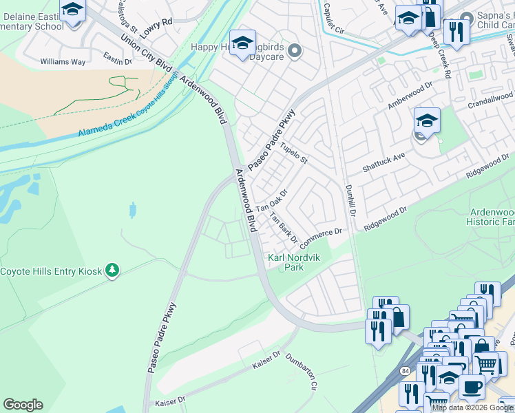 map of restaurants, bars, coffee shops, grocery stores, and more near 34255 Trampini Common in Fremont