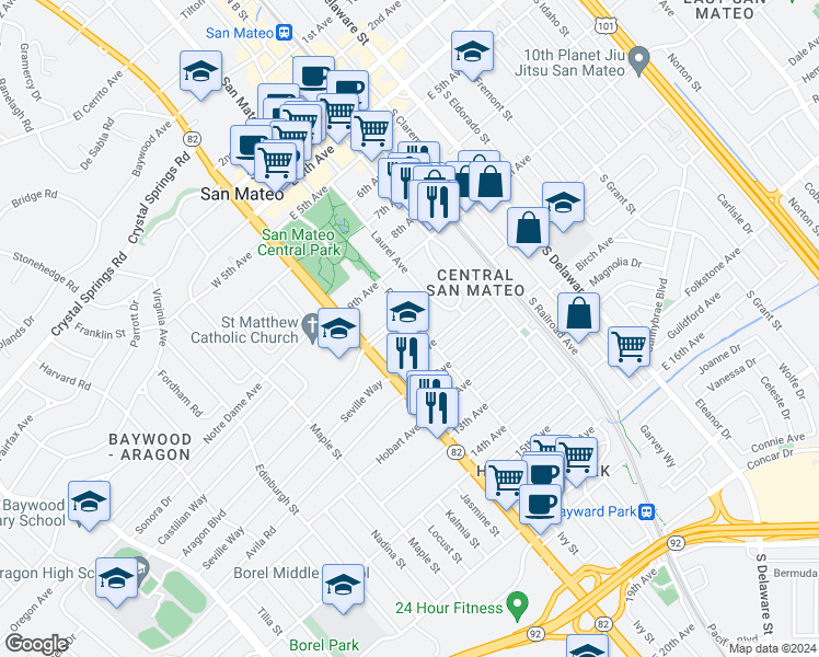 map of restaurants, bars, coffee shops, grocery stores, and more near 960 Palm Avenue in San Mateo
