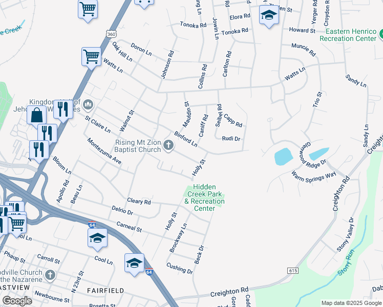 map of restaurants, bars, coffee shops, grocery stores, and more near 2146 Elkridge Lane in Richmond