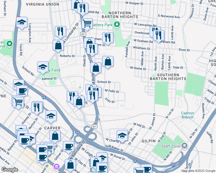 map of restaurants, bars, coffee shops, grocery stores, and more near 1700 Brookfield Street in Richmond