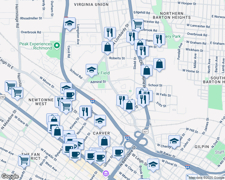 map of restaurants, bars, coffee shops, grocery stores, and more near 1620 Brook Road in Richmond
