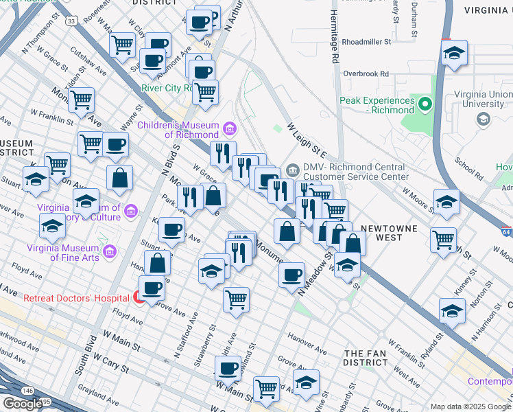 map of restaurants, bars, coffee shops, grocery stores, and more near 2323 West Grace Street in Richmond