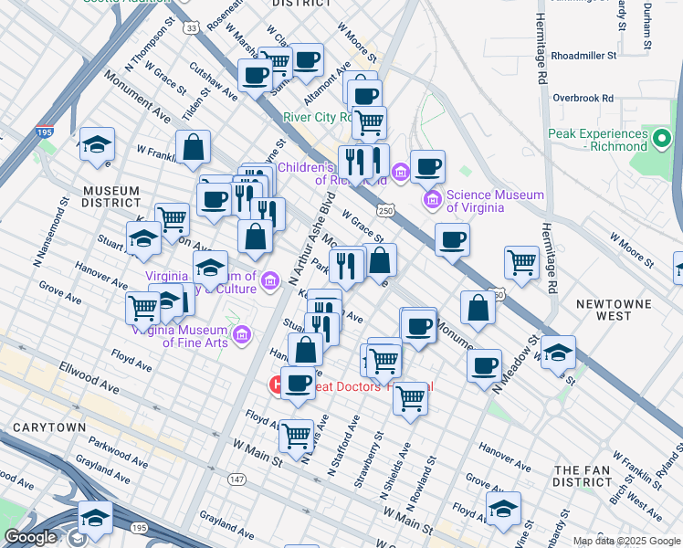 map of restaurants, bars, coffee shops, grocery stores, and more near 2619 Park Avenue in Richmond
