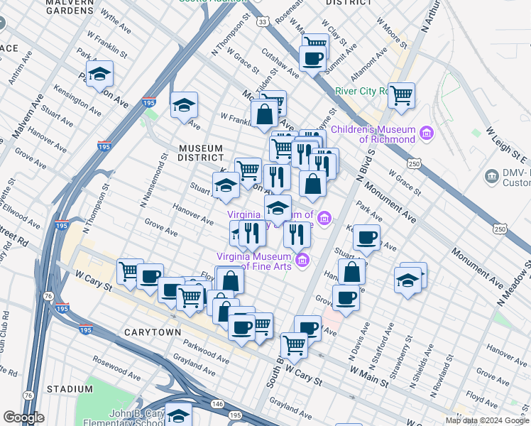 map of restaurants, bars, coffee shops, grocery stores, and more near 3018 Stuart Avenue in Richmond