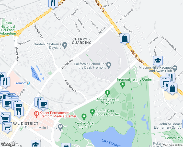 map of restaurants, bars, coffee shops, grocery stores, and more near Gallaudet Drive in Fremont
