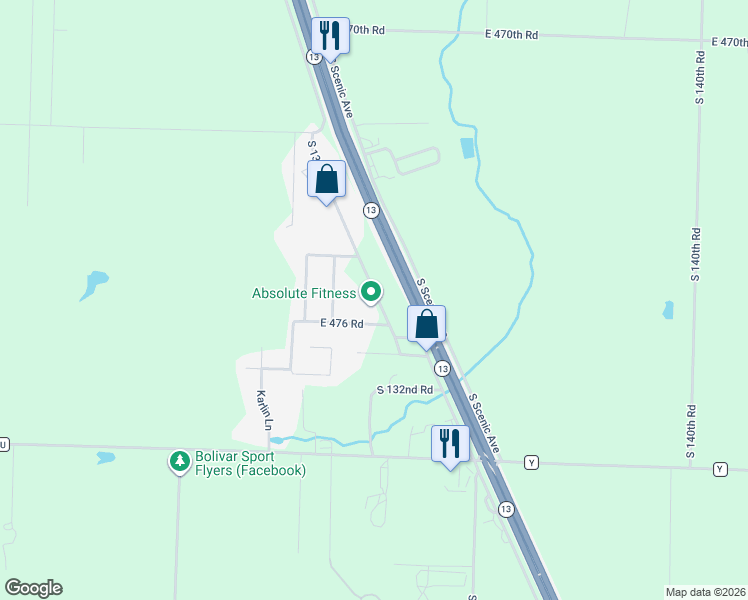 map of restaurants, bars, coffee shops, grocery stores, and more near 1300 East 476 Road in Bolivar