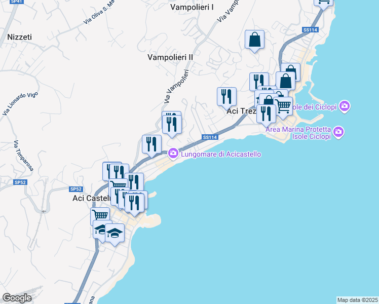 map of restaurants, bars, coffee shops, grocery stores, and more near 67 Lungomare Scardamiano in Aci Castello