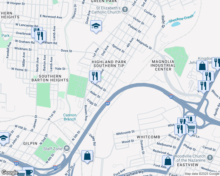 map of restaurants, bars, coffee shops, grocery stores, and more near 1910 5th Avenue in Richmond