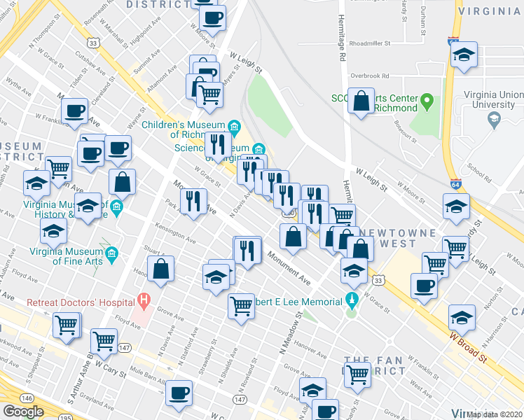 map of restaurants, bars, coffee shops, grocery stores, and more near 2324 West Grace Street in Richmond
