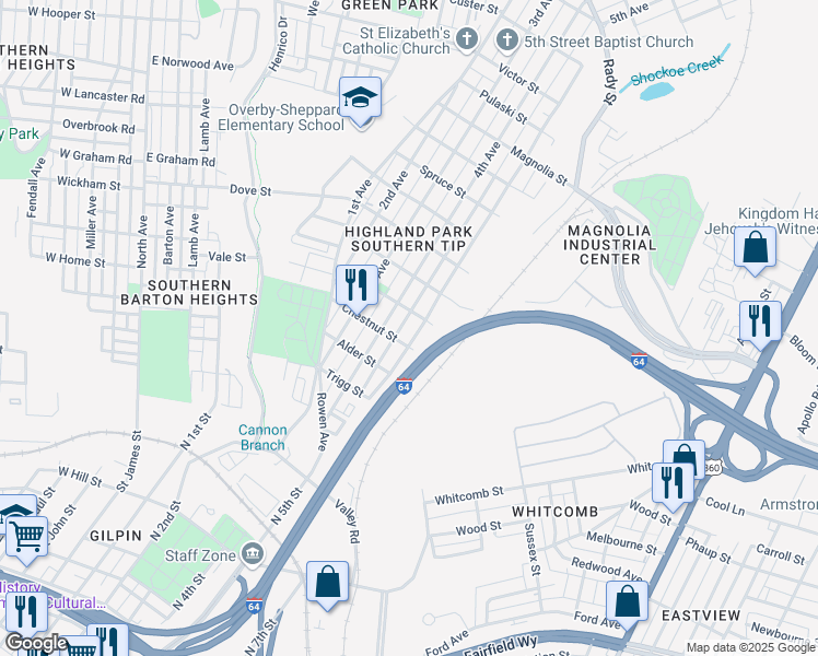 map of restaurants, bars, coffee shops, grocery stores, and more near 1910 5th Avenue in Richmond