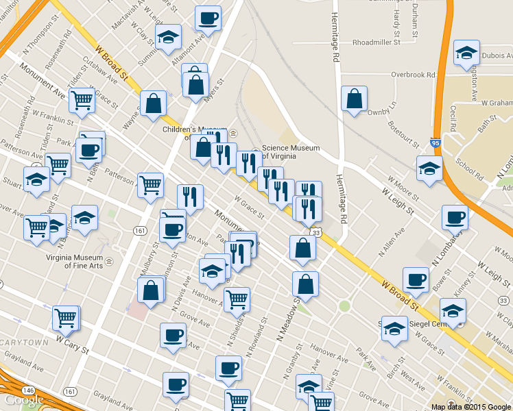 map of restaurants, bars, coffee shops, grocery stores, and more near 2324 West Grace Street in Richmond