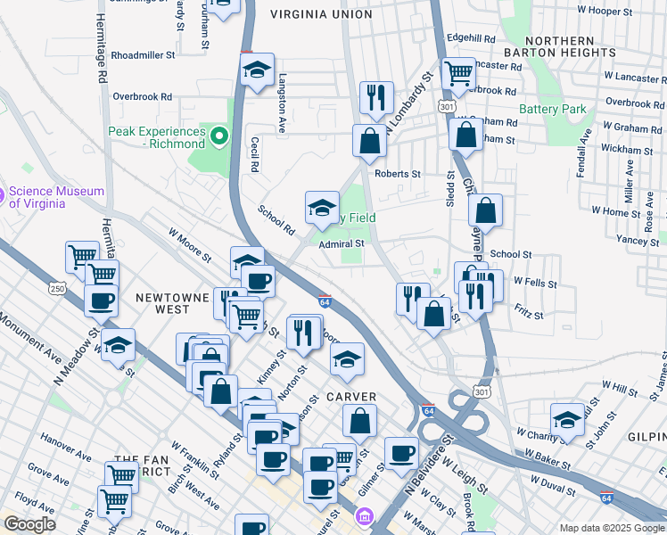 map of restaurants, bars, coffee shops, grocery stores, and more near 1299 School Street in Richmond