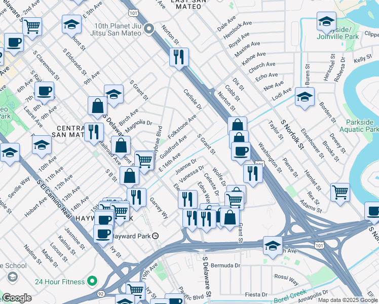 map of restaurants, bars, coffee shops, grocery stores, and more near 722 East 16th Avenue in San Mateo