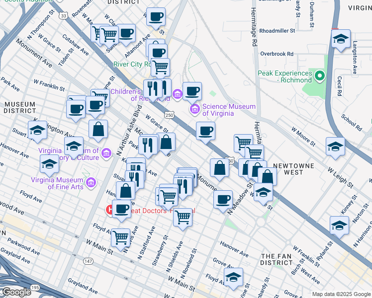 map of restaurants, bars, coffee shops, grocery stores, and more near 2337 West Grace Street in Richmond