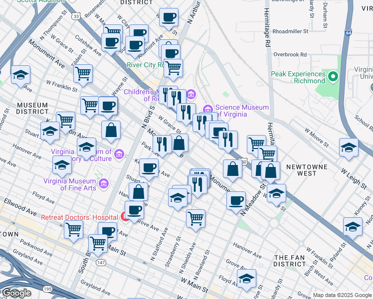 map of restaurants, bars, coffee shops, grocery stores, and more near 2399 Monument Avenue in Richmond