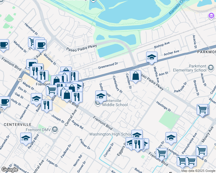 map of restaurants, bars, coffee shops, grocery stores, and more near 3332 Worthing Court in Fremont