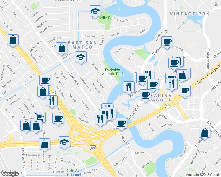 map of restaurants, bars, coffee shops, grocery stores, and more near 1558 Roberta Drive in San Mateo