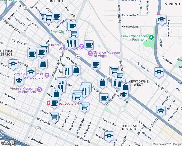 map of restaurants, bars, coffee shops, grocery stores, and more near 2323 West Grace Street in Richmond