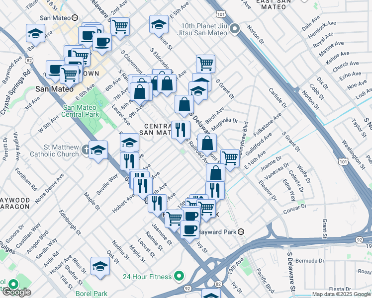 map of restaurants, bars, coffee shops, grocery stores, and more near in San Mateo