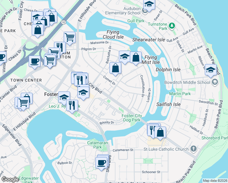 map of restaurants, bars, coffee shops, grocery stores, and more near 779 Foster City Boulevard in Foster City