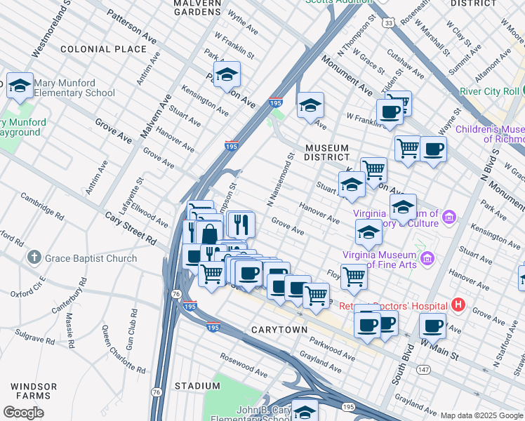 map of restaurants, bars, coffee shops, grocery stores, and more near 3500 Grove Avenue in Richmond