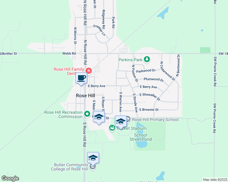 map of restaurants, bars, coffee shops, grocery stores, and more near 325 East Berry Avenue in Rose Hill