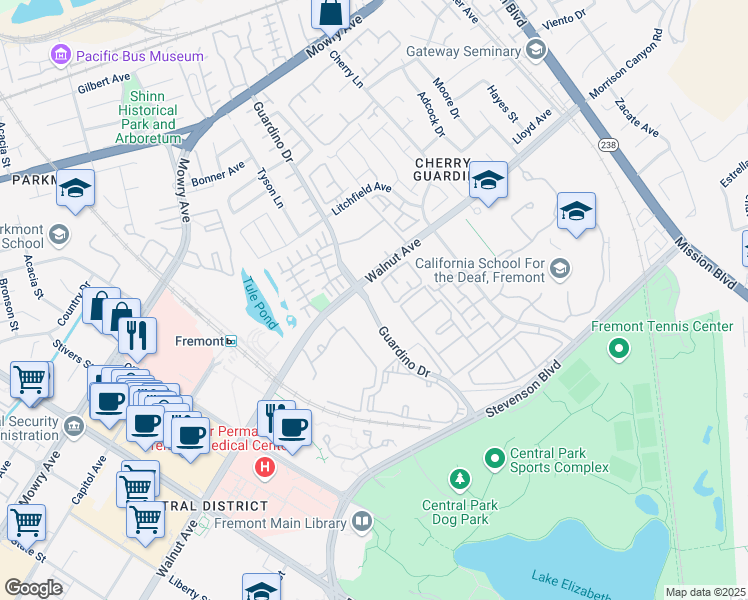 map of restaurants, bars, coffee shops, grocery stores, and more near 39078 Guardino Drive in Fremont