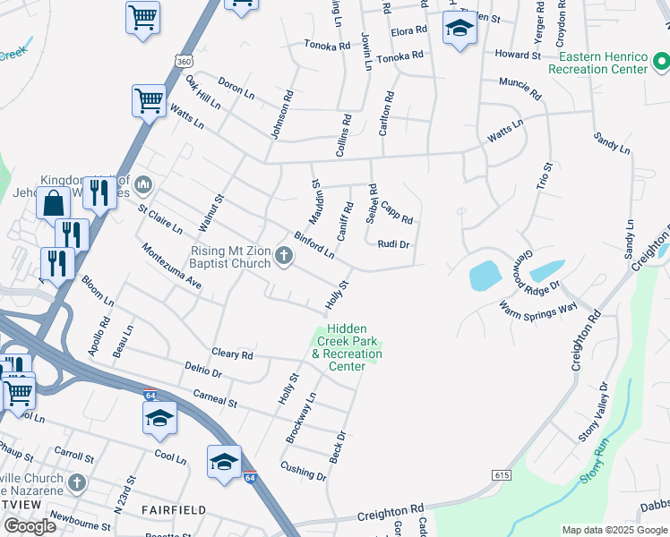 map of restaurants, bars, coffee shops, grocery stores, and more near 2151 Binford Lane in Richmond